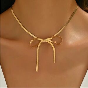 Gold Bow Necklace Minimalist Ribbon Pendant Coquette Jewelry NWT